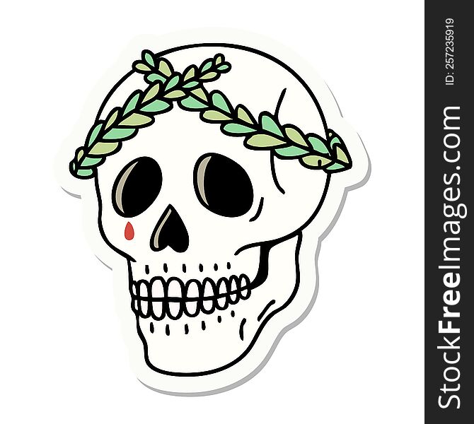 Tattoo Style Sticker Of A Skull With Laurel Wreath Crown