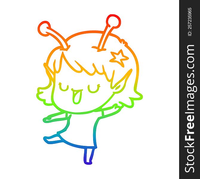 Rainbow Gradient Line Drawing Happy Alien Girl Cartoon