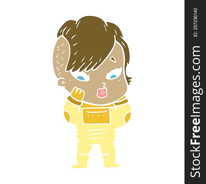 flat color style cartoon surprised girl in science fiction clothes
