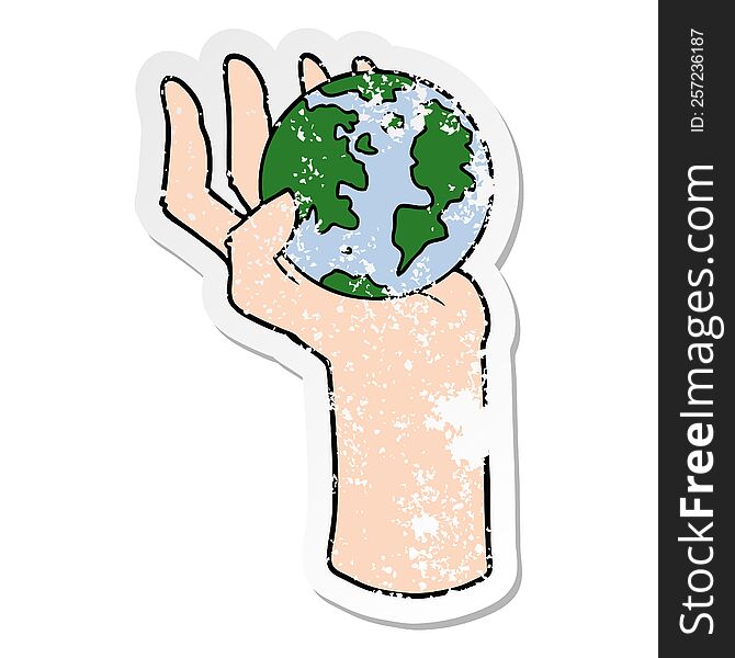 distressed sticker of a cartoon hand holding whole earth