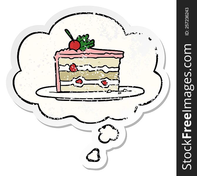 cartoon dessert cake with thought bubble as a distressed worn sticker
