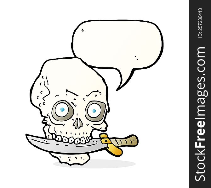 cartoon pirate skull with knife in teeth with speech bubble