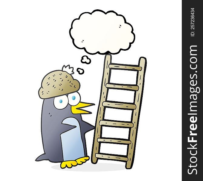 freehand drawn thought bubble cartoon penguin with ladder