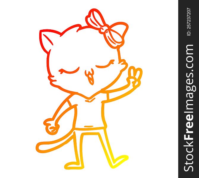 Warm Gradient Line Drawing Cartoon Cat With Bow On Head Giving Peace Sign