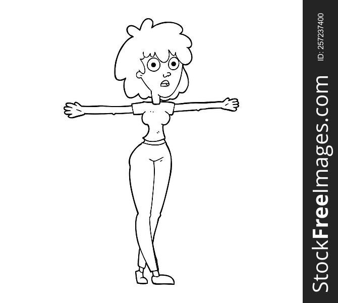 freehand drawn black and white cartoon woman spreading arms