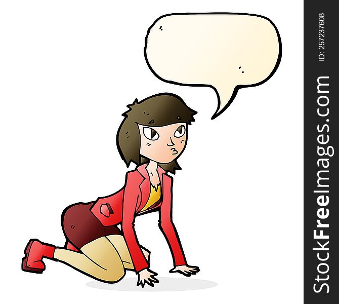 cartoon woman on hands and knees with speech bubble