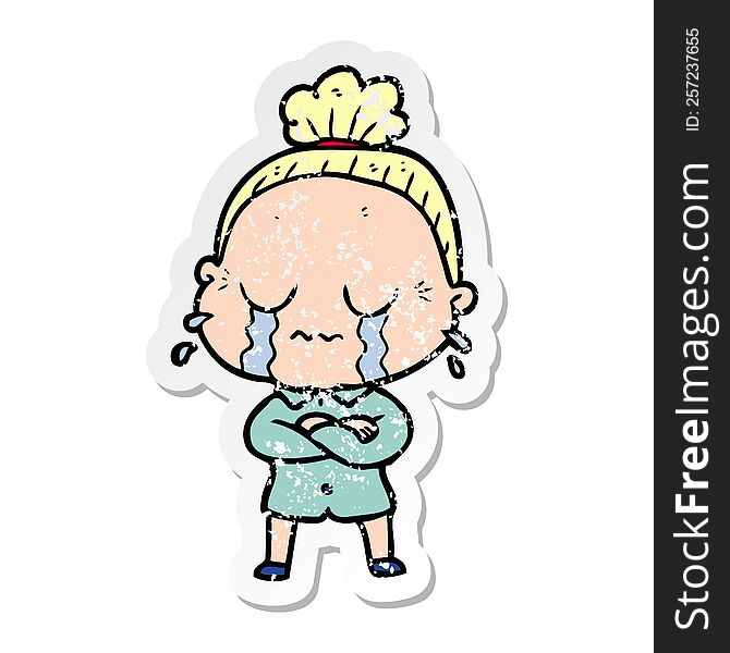 Distressed Sticker Of A Cartoon Crying Old Lady