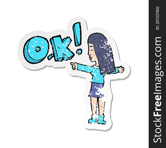retro distressed sticker of a cartoon woman thinking OK