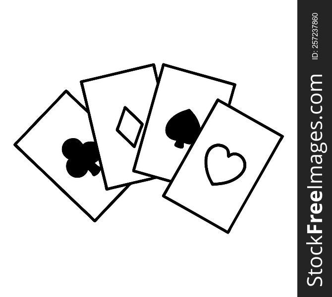 tattoo in black line style of a run of cards. tattoo in black line style of a run of cards
