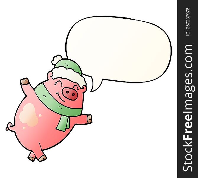 Cartoon Pig Wearing Christmas Hat And Speech Bubble In Smooth Gradient Style