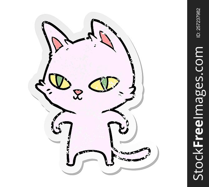 distressed sticker of a cartoon cat with bright eyes