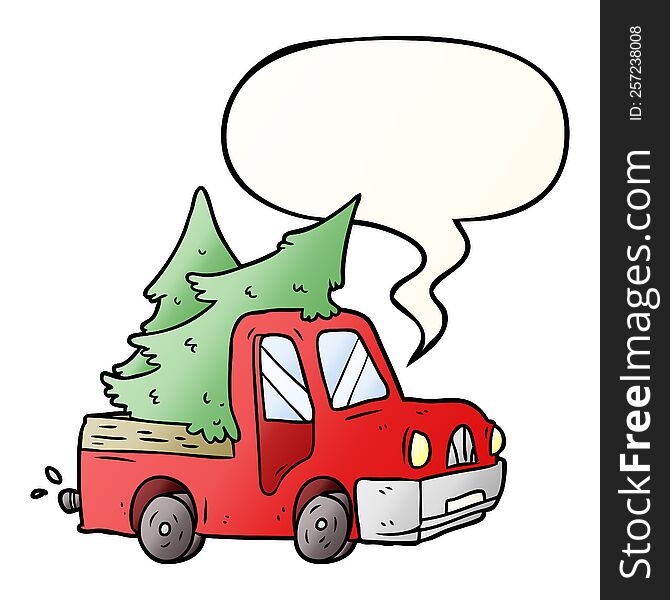 Cartoon Pickup Truck Carrying Christmas Trees And Speech Bubble In Smooth Gradient Style