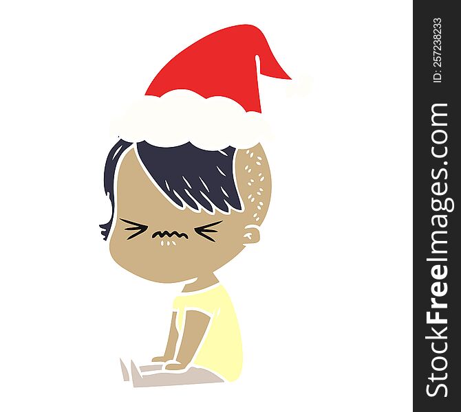 hand drawn flat color illustration of a annoyed hipster girl wearing santa hat