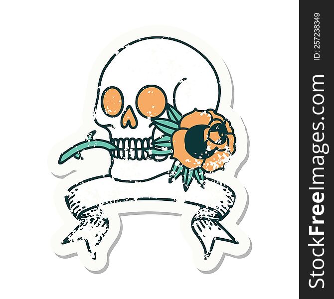 grunge sticker with banner of a skull and rose