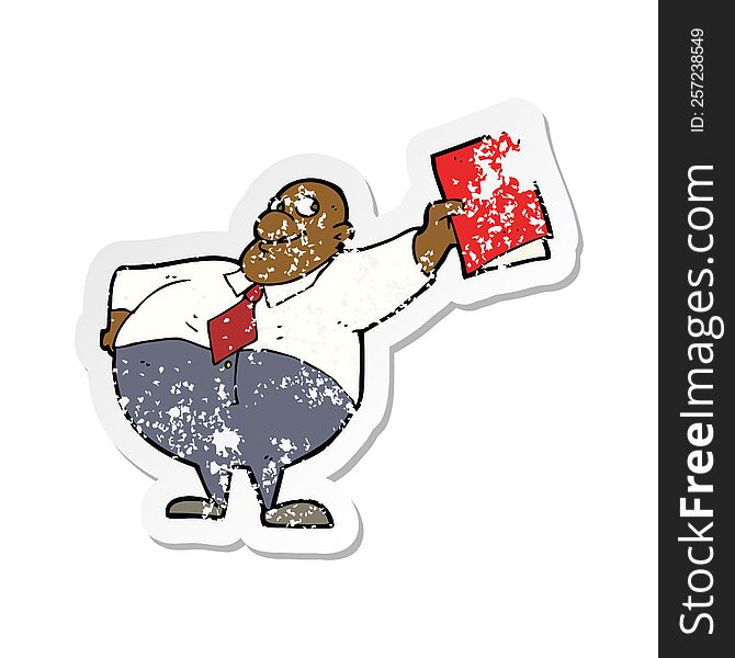 retro distressed sticker of a cartoon happy boss with file