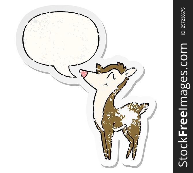 cartoon deer with speech bubble distressed distressed old sticker. cartoon deer with speech bubble distressed distressed old sticker