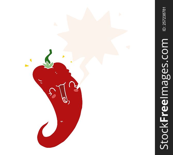 cartoon chili pepper with speech bubble in retro style