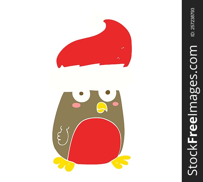 flat color illustration of a cartoon christmas robin wearing christmas hat