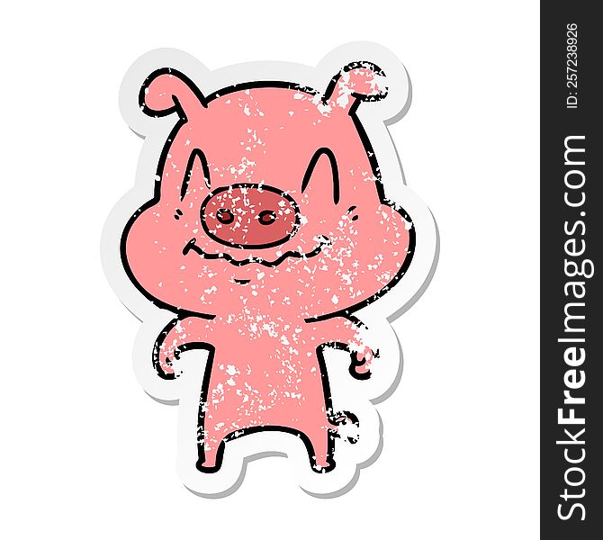 Distressed Sticker Of A Nervous Cartoon Pig