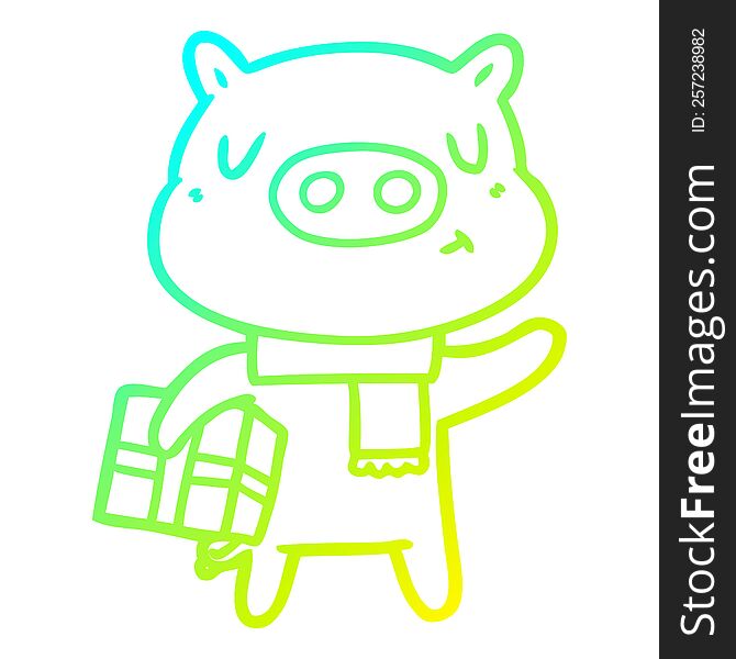 Cold Gradient Line Drawing Cartoon Christmas Pig