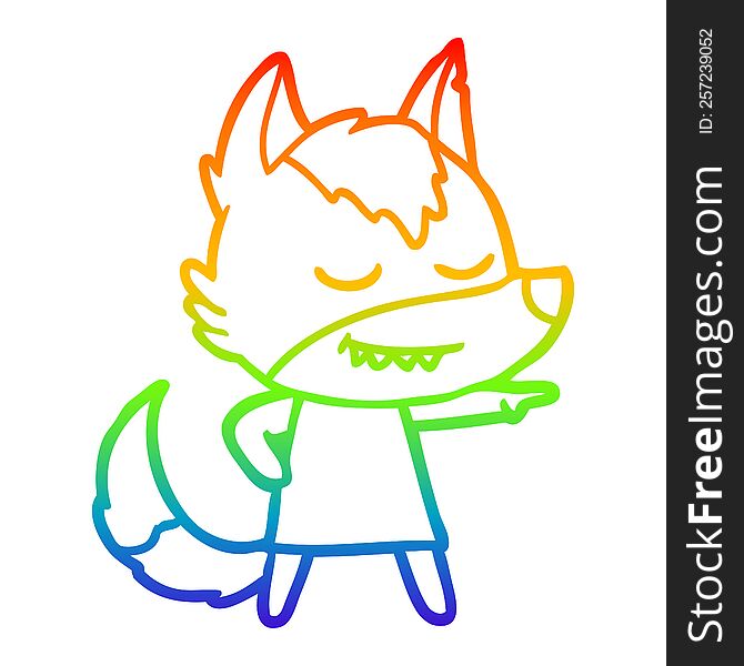 Rainbow Gradient Line Drawing Friendly Cartoon Wolf Girl Pointing