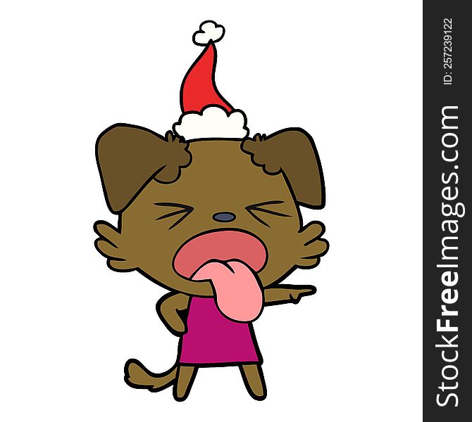 hand drawn line drawing of a disgusted dog wearing santa hat