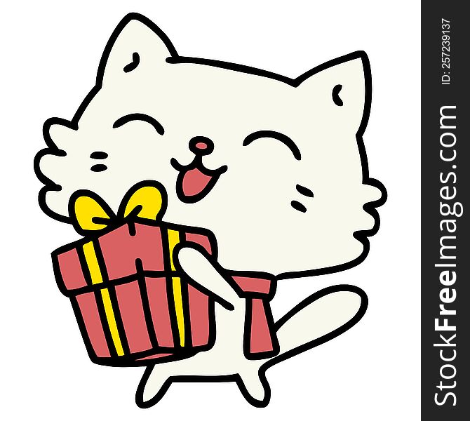 cartoon of a happy little cat holding a christmas present. cartoon of a happy little cat holding a christmas present