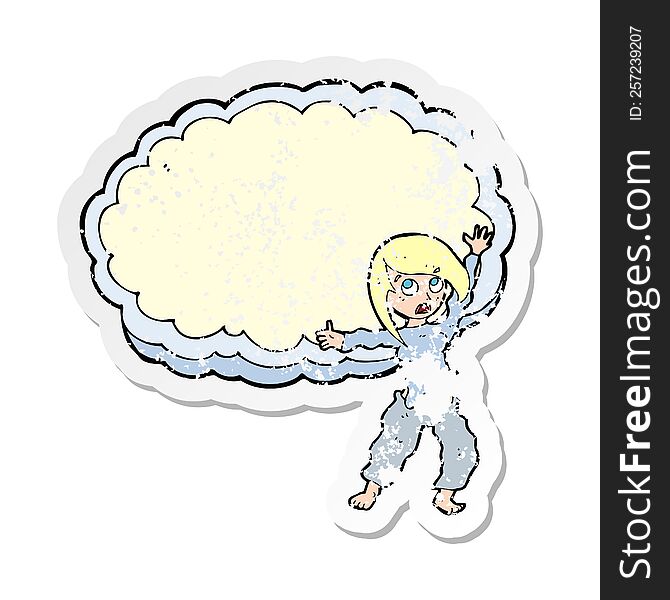 retro distressed sticker of a cartoon stressed out woman in front of cloud