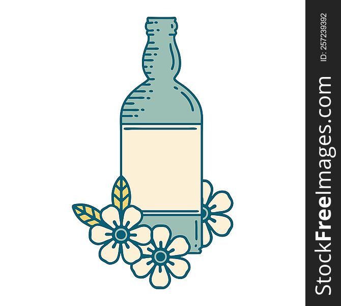 iconic tattoo style image of a rum bottle and flowers. iconic tattoo style image of a rum bottle and flowers