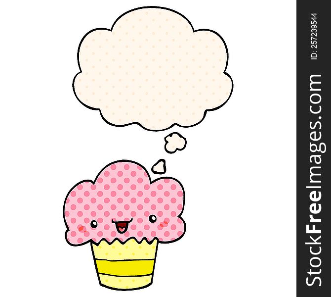 cartoon cupcake with face with thought bubble in comic book style