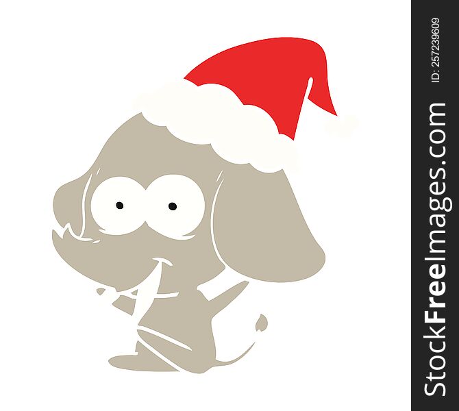 Happy Flat Color Illustration Of A Elephant Wearing Santa Hat
