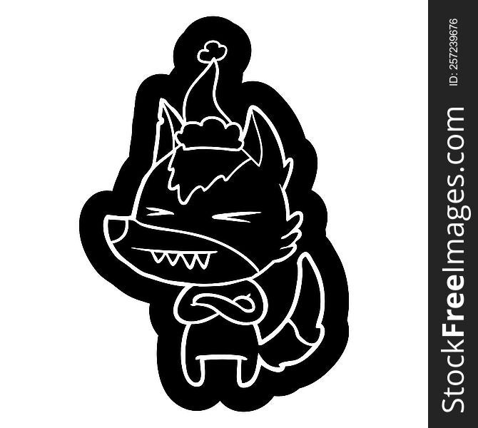 Angry Wolf Cartoon Icon Of A Wearing Santa Hat