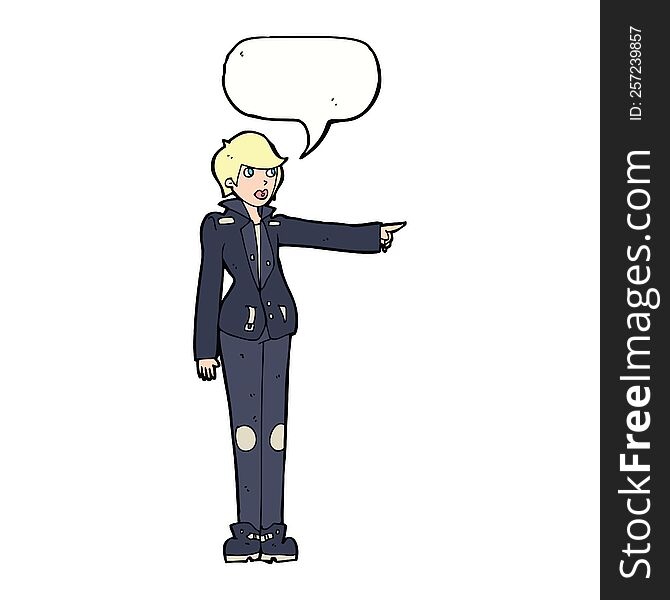 cartoon woman in leather jacket pointing with speech bubble