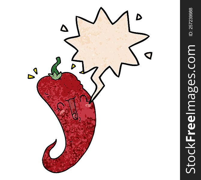 Cartoon Chili Pepper And Speech Bubble In Retro Texture Style