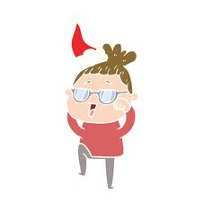 Flat Color Illustration Of A Happy Woman Wearing Spectacles Wearing Santa Hat Stock Photo