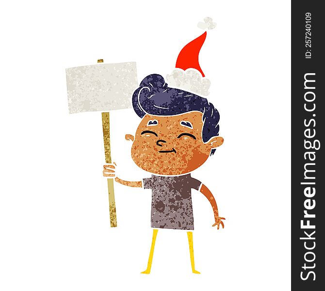 Happy Retro Cartoon Of A Man With Sign Wearing Santa Hat