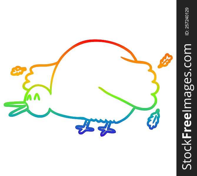 rainbow gradient line drawing of a cartoon kiwi bird flapping wings