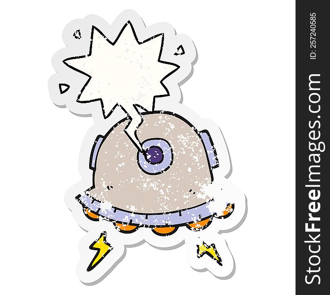 Cartoon UFO And Speech Bubble Distressed Sticker