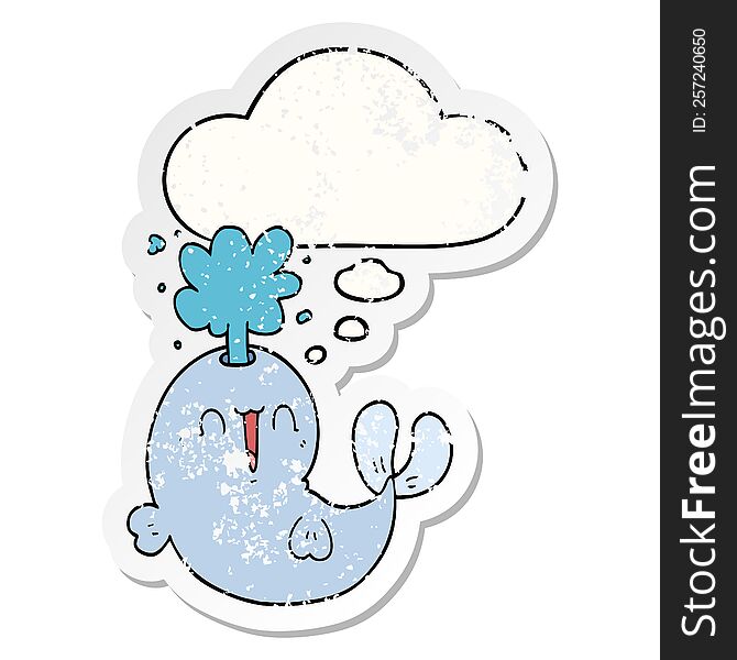 cartoon whale spouting water and thought bubble as a distressed worn sticker