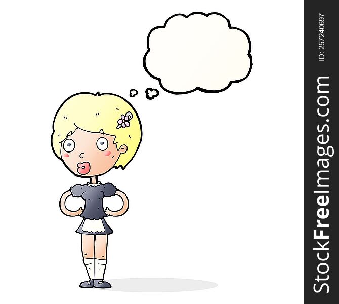 cartoon woman in french maid outfit with thought bubble