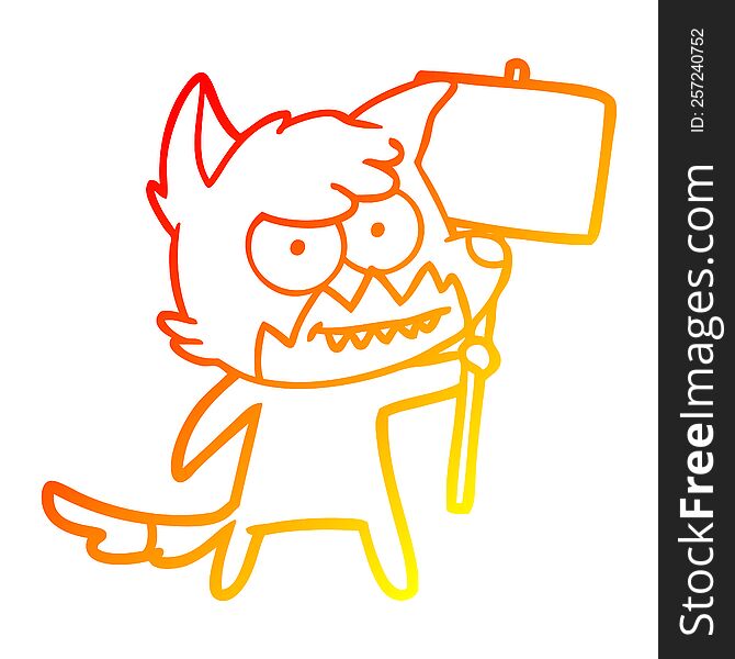 warm gradient line drawing of a cartoon grinning fox with protest sign