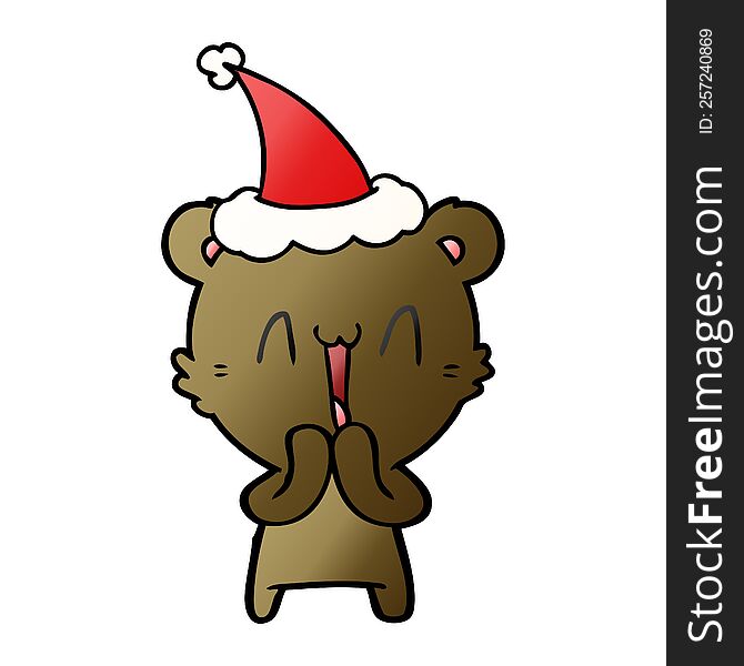 happy bear hand drawn gradient cartoon of a wearing santa hat. happy bear hand drawn gradient cartoon of a wearing santa hat