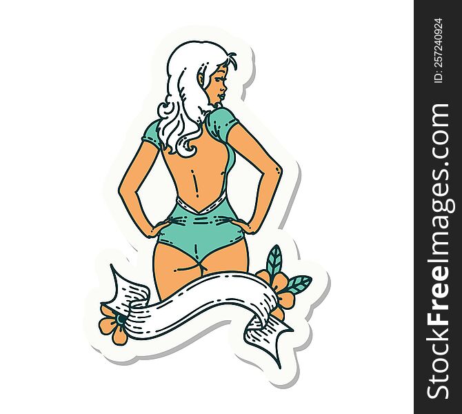 Tattoo Sticker Of A Pinup Swimsuit Girl With Banner