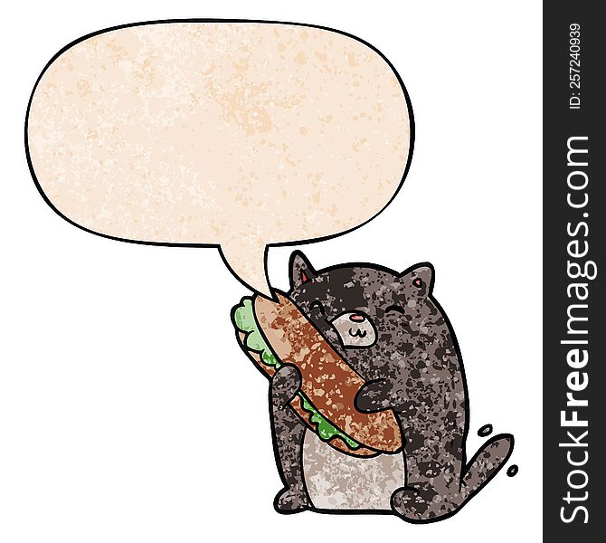 cartoon cat loving the amazing sandwich he\'s just made for lunch with speech bubble in retro texture style