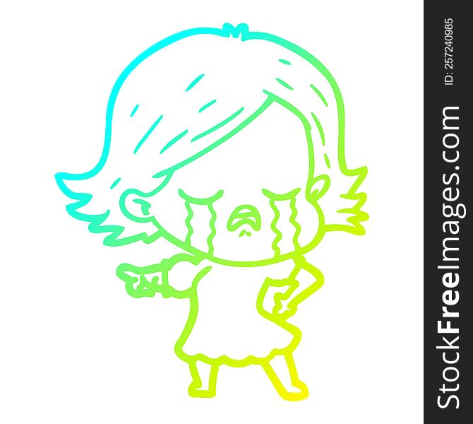 Cold Gradient Line Drawing Cartoon Girl Crying And Pointing