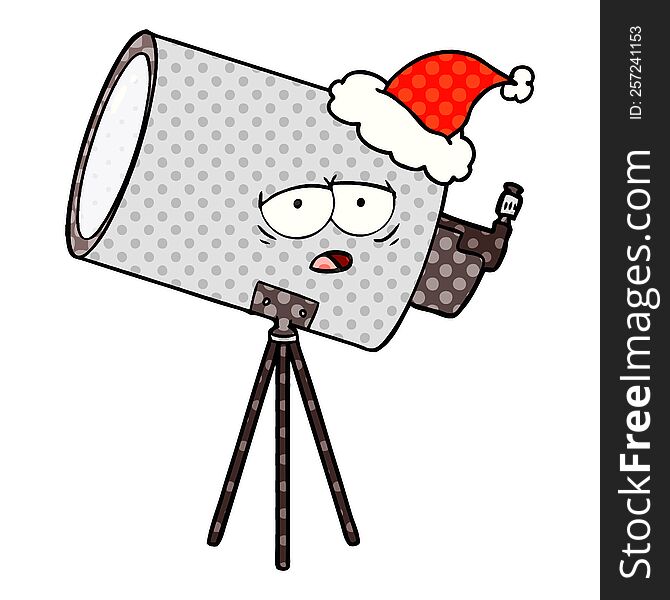 hand drawn comic book style illustration of a bored telescope with face wearing santa hat
