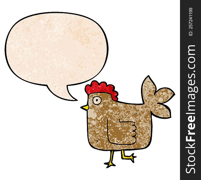 Cartoon Chicken And Speech Bubble In Retro Texture Style