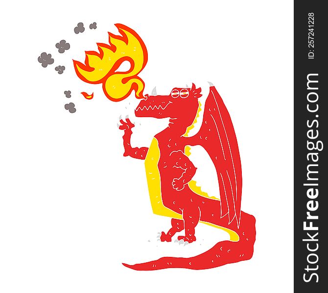 Flat Color Illustration Of A Cartoon Happy Dragon Breathing Fire