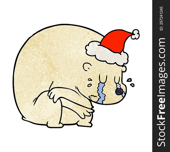 Crying Textured Cartoon Of A Polar Bear Wearing Santa Hat