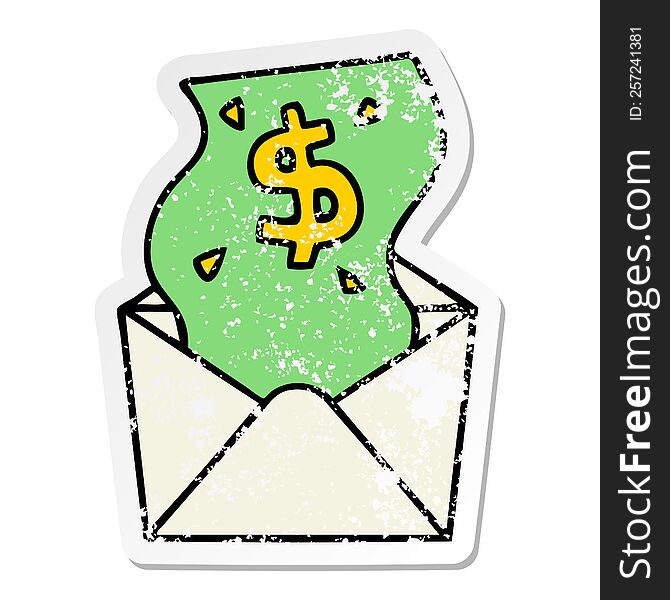distressed sticker of a quirky hand drawn cartoon dollar in envelope